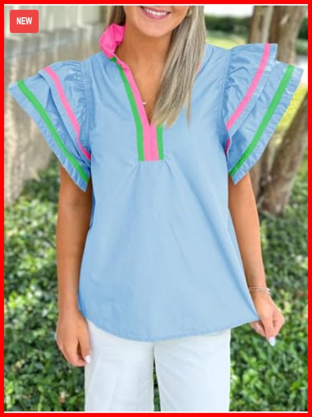 Ruffle Cap Sleeve Color Block V Neck Blouse Summer Pleated Loose Fit Tunic Top - Picture 4 of 6